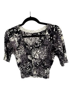 Express, Size Small, White Black Floral Shrug Cardigan, Y2K, Cropped, Knit, EUC